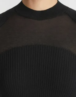 New Lafayette 148 New York Merino-Silk Ribbed Sheer Yoke Sweater Black
