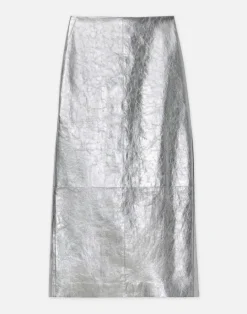Online Lafayette 148 New York Metallic Crinkle Leather Pencil Skirt Silver