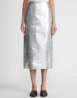 Online Lafayette 148 New York Metallic Crinkle Leather Pencil Skirt Silver