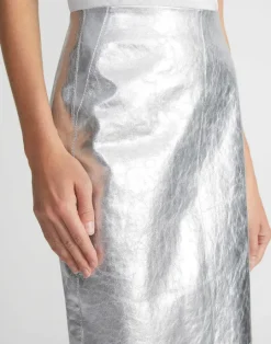 Online Lafayette 148 New York Metallic Crinkle Leather Pencil Skirt Silver