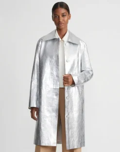 Clearance Lafayette 148 New York Metallic Crinkle Leather Coat Silver