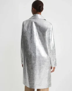 Clearance Lafayette 148 New York Metallic Crinkle Leather Coat Silver