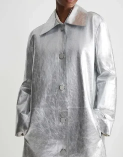 Clearance Lafayette 148 New York Metallic Crinkle Leather Coat Silver