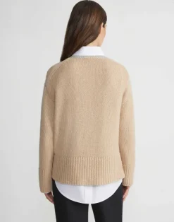Discount Lafayette 148 New York Metallic Foil Print Cashmere Crewneck Sweater Dune Foil