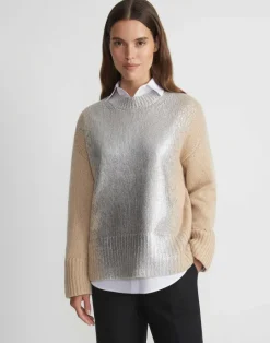 Discount Lafayette 148 New York Metallic Foil Print Cashmere Crewneck Sweater Dune Foil