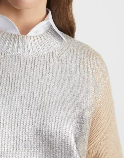 Discount Lafayette 148 New York Metallic Foil Print Cashmere Crewneck Sweater Dune Foil