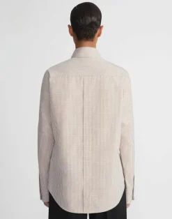 Clearance Lafayette 148 New York Micro Gingham Cotton Poplin High Collar Shirt Dried Blossom Multi