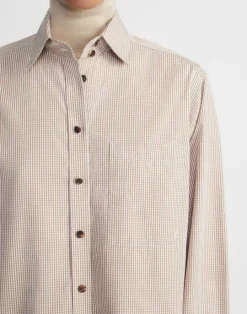Clearance Lafayette 148 New York Micro Gingham Cotton Poplin High Collar Shirt Dried Blossom Multi