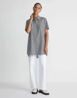New Lafayette 148 New York Micro Gingham Cotton Seersucker Oversized Shirt Midnight Blue Multi