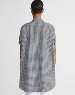 New Lafayette 148 New York Micro Gingham Cotton Seersucker Oversized Shirt Midnight Blue Multi