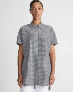New Lafayette 148 New York Micro Gingham Cotton Seersucker Oversized Shirt Midnight Blue Multi
