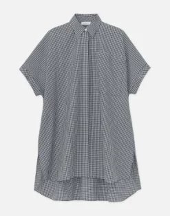 New Lafayette 148 New York Micro Gingham Cotton Seersucker Oversized Shirt Midnight Blue Multi