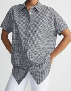 New Lafayette 148 New York Micro Gingham Cotton Seersucker Oversized Shirt Midnight Blue Multi