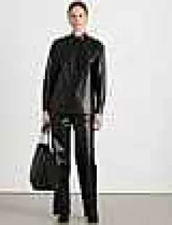 Discount Lafayette 148 New York Nappa Lambskin Leather Shirt Jacket Black