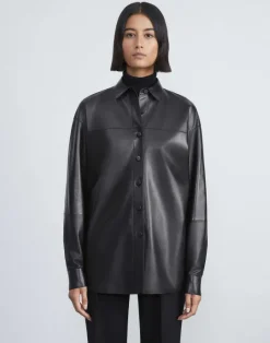 Discount Lafayette 148 New York Nappa Lambskin Leather Shirt Jacket Black