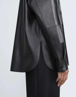 Discount Lafayette 148 New York Nappa Lambskin Leather Shirt Jacket Black