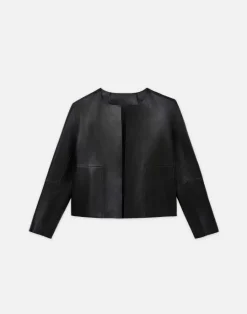Clearance Lafayette 148 New York Nappa Leather Collarless Open Front Jacket Black