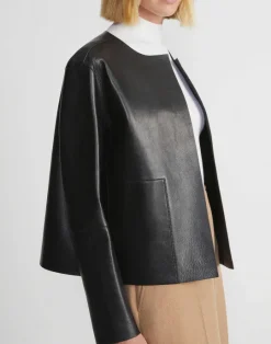 Clearance Lafayette 148 New York Nappa Leather Collarless Open Front Jacket Black