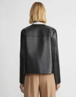 Clearance Lafayette 148 New York Nappa Leather Collarless Open Front Jacket Black