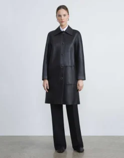 Lafayette 148 New York Nappa Leather Double Face Oversized Coat Black