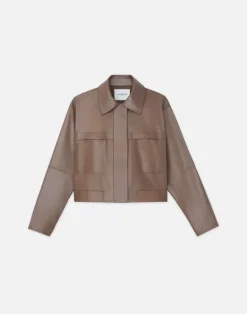 Best Lafayette 148 New York Nappa Leather Patch Pocket Bomber Jacket Deep Acorn