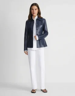 Outlet Lafayette 148 New York Nappa Leather Tailored Chore Jacket Midnight Blue