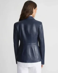 Outlet Lafayette 148 New York Nappa Leather Tailored Chore Jacket Midnight Blue