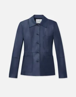 Outlet Lafayette 148 New York Nappa Leather Tailored Chore Jacket Midnight Blue