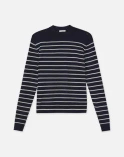 Clearance Lafayette 148 New York Naval Stripe Cashmere Button Shoulder Sweater Ink Multi