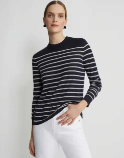 Clearance Lafayette 148 New York Naval Stripe Cashmere Button Shoulder Sweater Ink Multi
