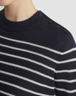 Clearance Lafayette 148 New York Naval Stripe Cashmere Button Shoulder Sweater Ink Multi