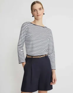 Outlet Lafayette 148 New York Naval Stripe Cotton Jersey Bateau Top Navy Multi