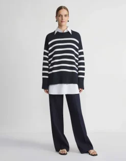 Sale Lafayette 148 New York Naval Stripe Cotton-Silk Button Side Sweater Ink Multi