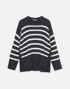 Sale Lafayette 148 New York Naval Stripe Cotton-Silk Button Side Sweater Ink Multi