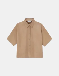 Lafayette 148 New York Nubuck Calfskin Suede Shirt Oat