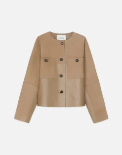 Best Lafayette 148 New York Nubuck Suede & Leather Collarless Jacket Green Clay