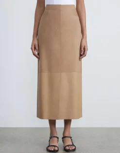New Lafayette 148 New York Nubuck Suede & Nappa Leather Two-Tone Midi Skirt Oat