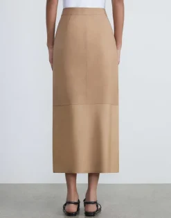 New Lafayette 148 New York Nubuck Suede & Nappa Leather Two-Tone Midi Skirt Oat