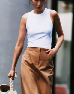 New Lafayette 148 New York Nubuck Suede & Nappa Leather Two-Tone Midi Skirt Oat