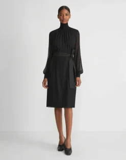 New Lafayette 148 New York Opaque & Sheer Silk Turtleneck Dress Black