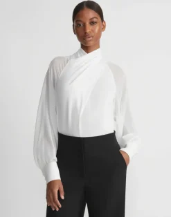 Online Lafayette 148 New York Opaque & Sheer Silk Wrap Blouse Cloud
