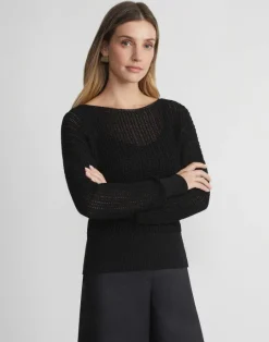 Discount Lafayette 148 New York Organic Cotton Open Knit Bateau Sweater Black