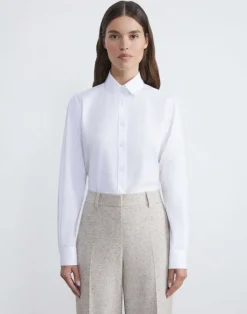 Clearance Lafayette 148 New York Organic Cotton Poplin High Collar Shirt Wild Bluet