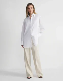 Online Lafayette 148 New York Organic Cotton Poplin Sheer Sleeve Oversized Shirt Ink