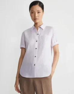 Hot Lafayette 148 New York Organic Linen Short Sleeve Pocket Shirt Dried Blossom Melange