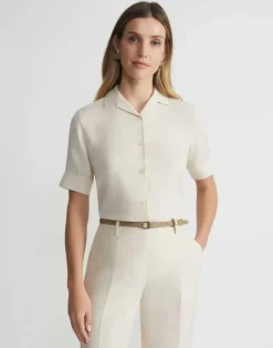 Online Lafayette 148 New York Organic Silk Georgette Notch Collar Blouse Pebble