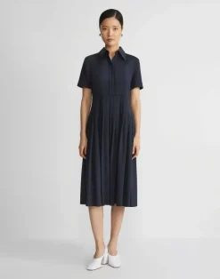 New Lafayette 148 New York Organic Silk Stretch Georgette Pleated Shirtdress Ink