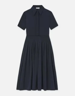 New Lafayette 148 New York Organic Silk Stretch Georgette Pleated Shirtdress Ink