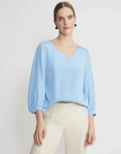 Online Lafayette 148 New York Organic Silk Stretch Georgette Lantern Sleeve Blouse Sky Blue