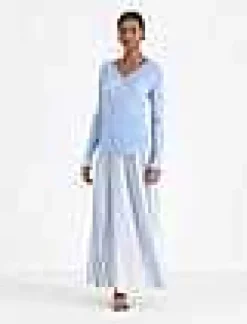 Best Lafayette 148 New York Overprint Finespun Voile Pleat Stitch Skirt Sky Blue Multi